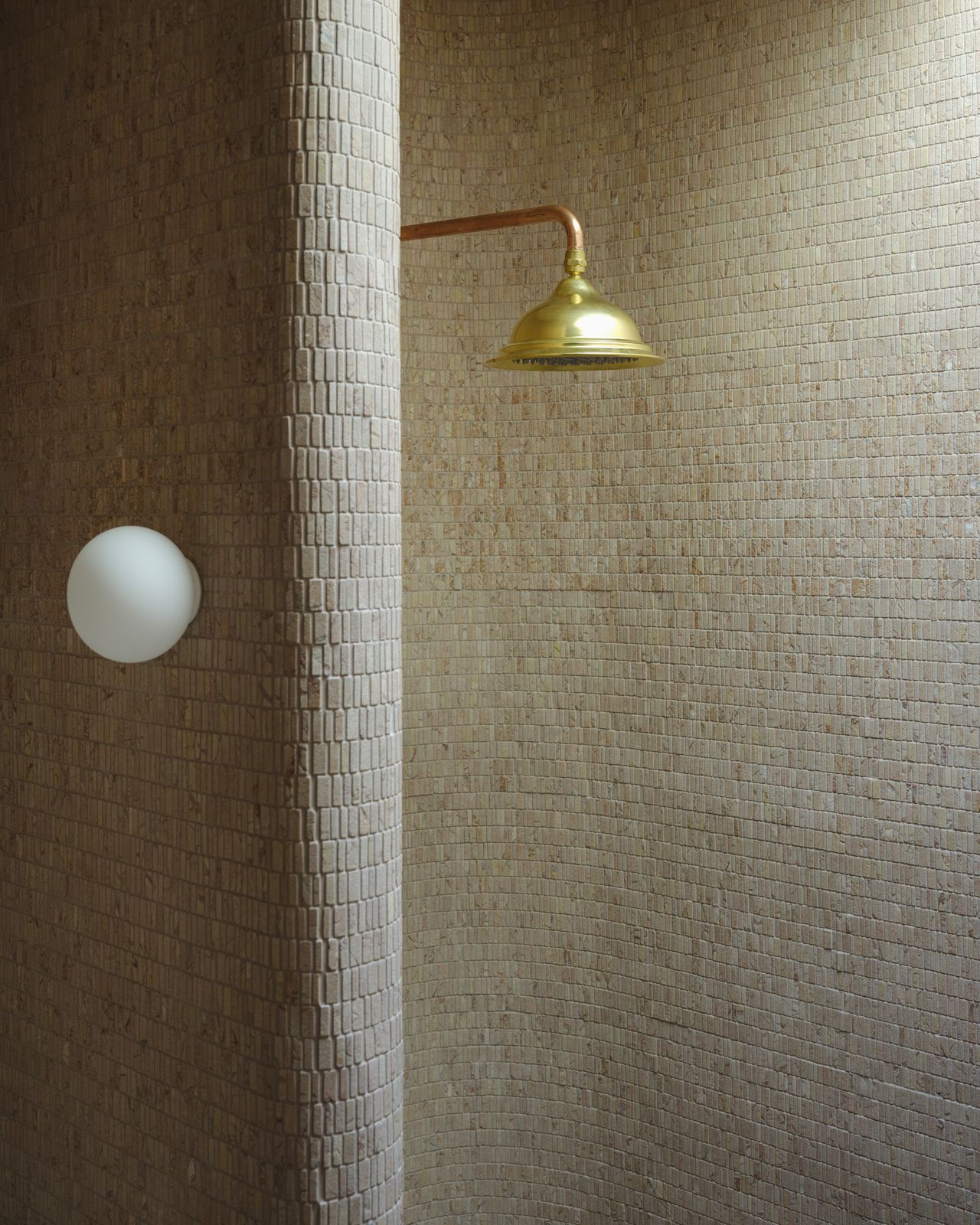 House in Erskineville shower niche with brass shower head and textured stone tiles